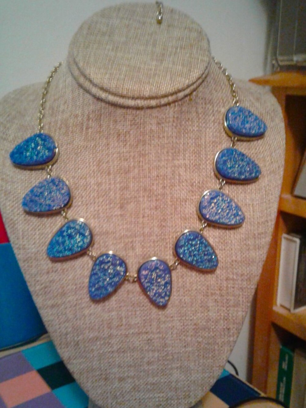 Blue Faux Druzy Pear Shaped Beads Gold Tone Choker Necklace 18" Long LNC